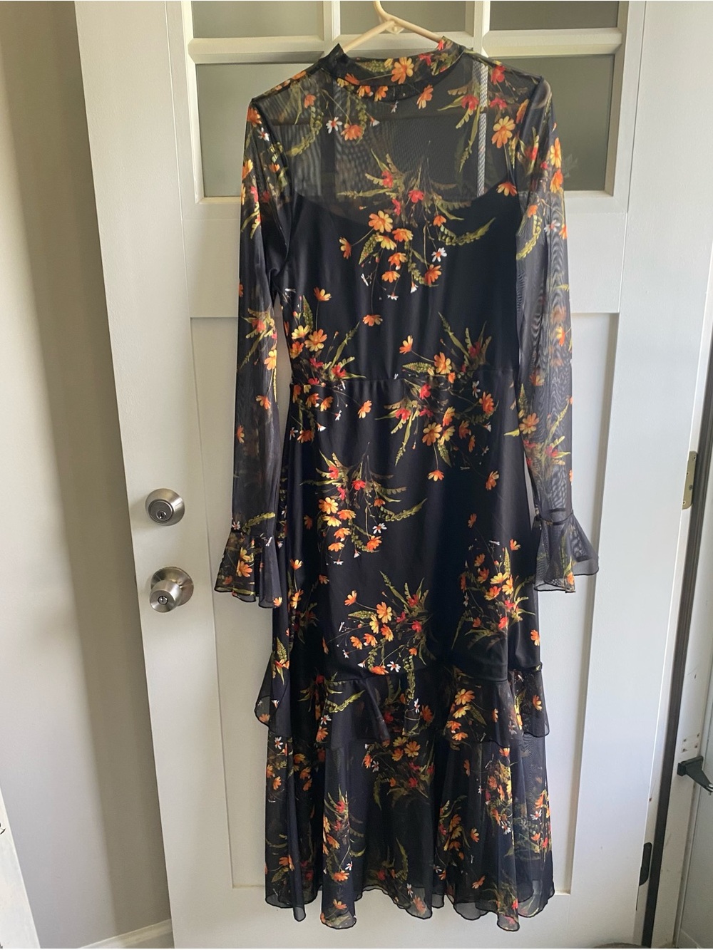 Black Floral Mesh Long-Sleeve Midi Dress